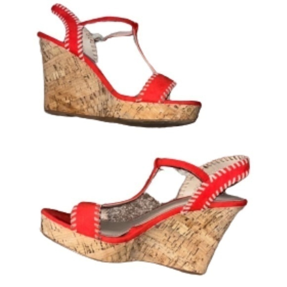 Charles by Charles David red/tan t-strap cork wedges size 8.5